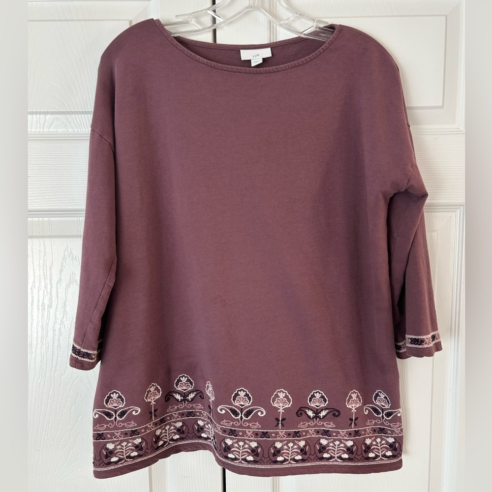 J.Jill Women’s Burgundy Red Flower Embroidered Cotton Tunic Blouse Shirt Size XS